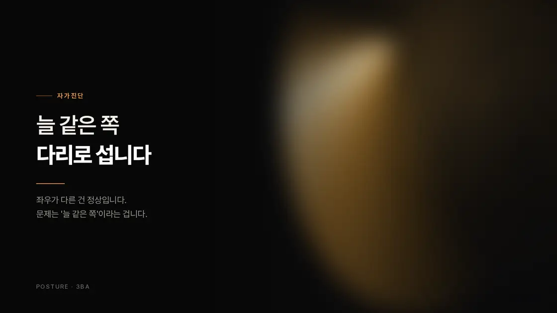 딥블랙 배경에 앰버 림라이트가 들어오고 왼쪽에 '늘 같은 쪽 다리로 섭니다'라는 제목이 놓인 표지